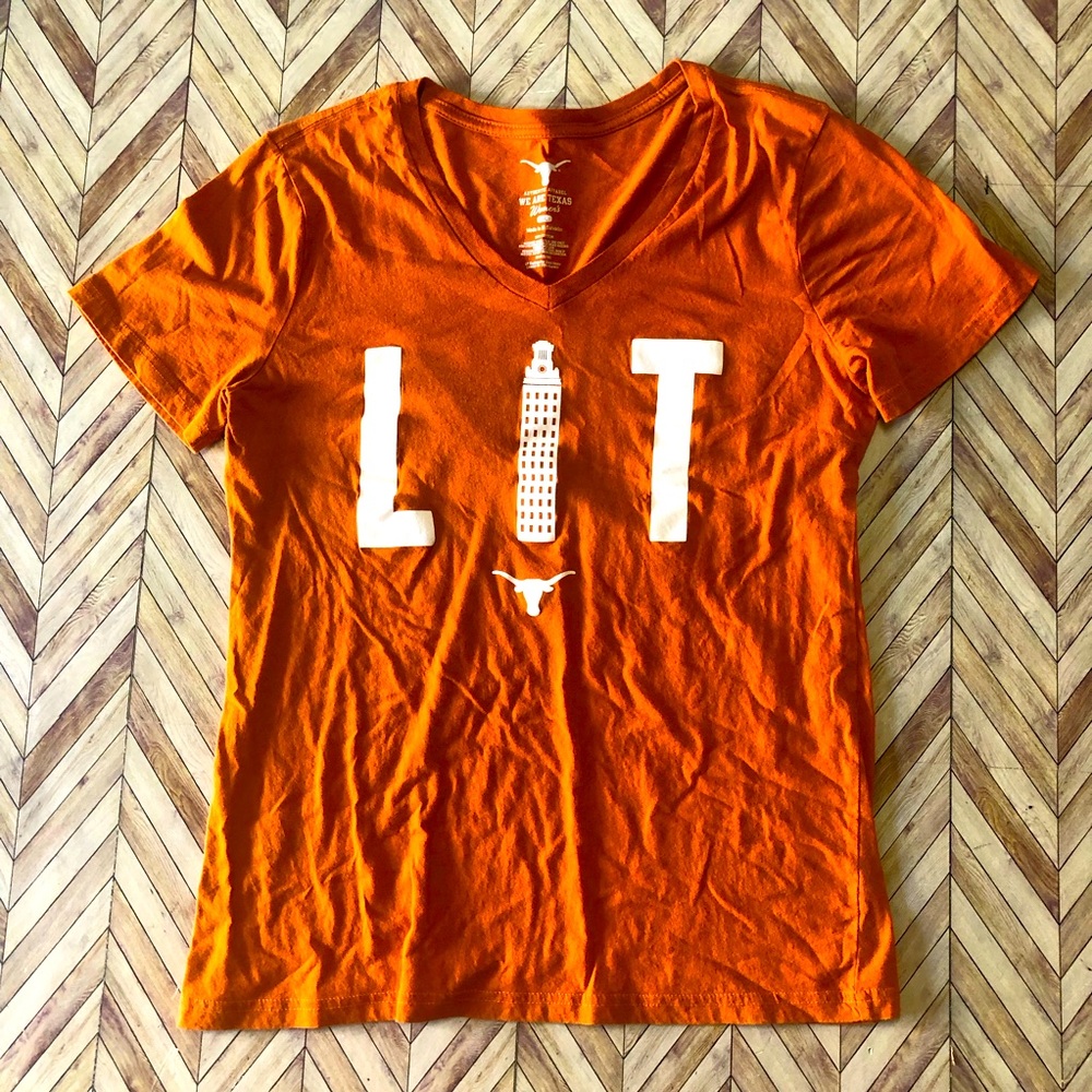 We Are Texas, Women’s V Neck LIT Tee, Orange, Size XL. 100% Cotton.